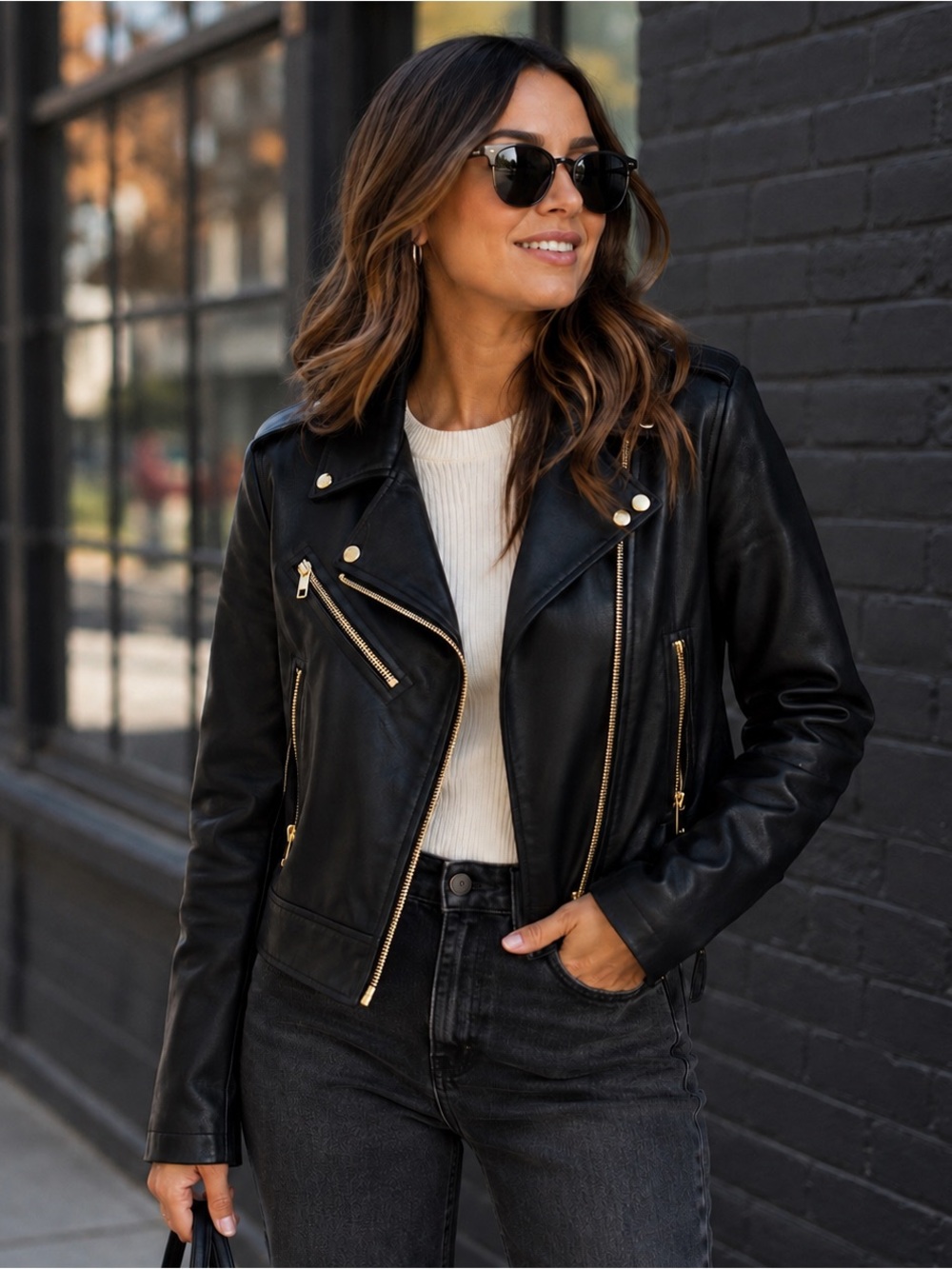 Zara Black Faux Leather Moto Biker Jacket Gold Hardware – Size Small